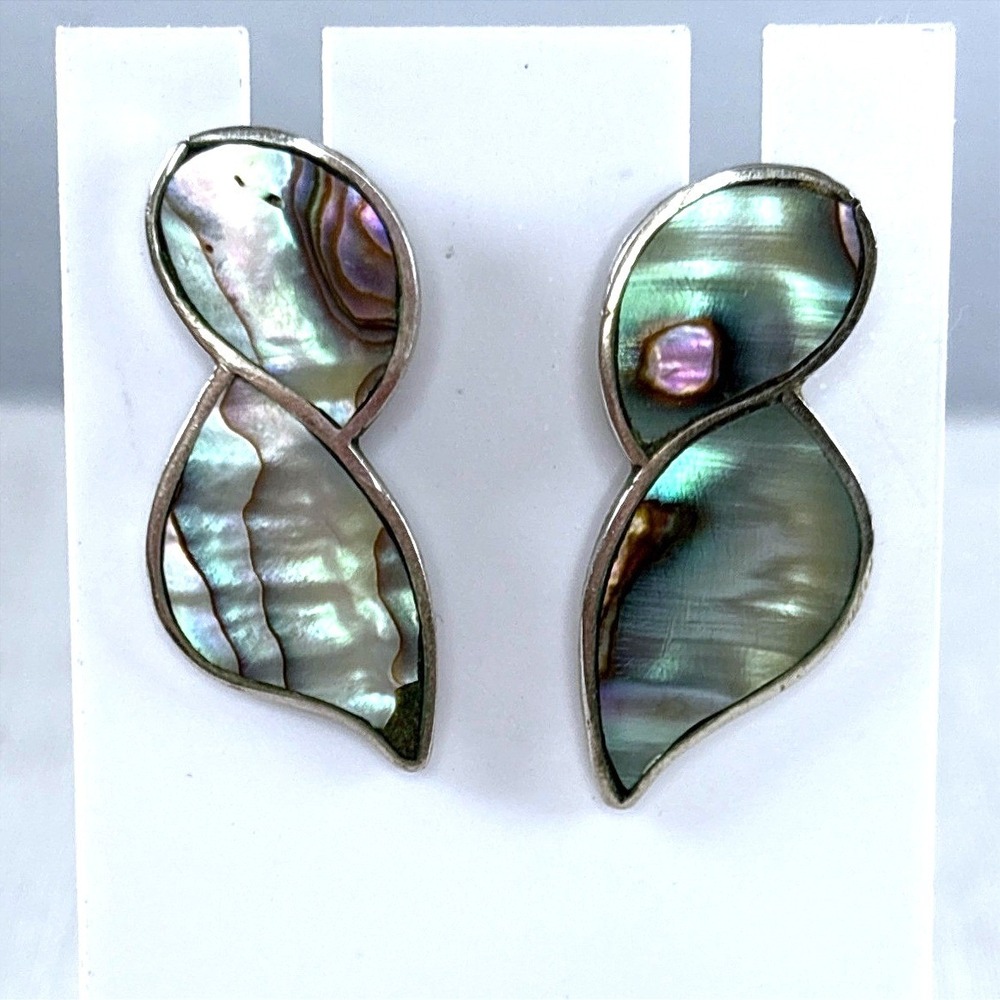 Vintage Taxco Mexico Sterling Silver Abalone Shell Clip On Earrings